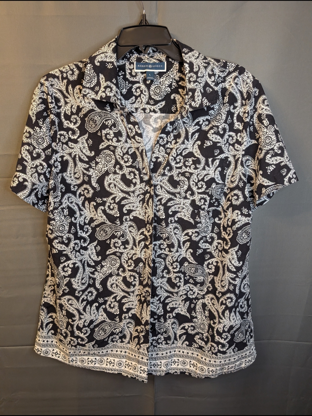 Karen Scott Black and White Paisley Short Sleeve Button-Down Blouse